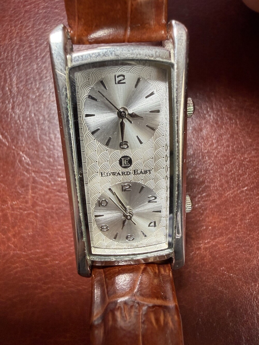 Edward East London Dual Time Watch Rectangular Tank Silver Dial Brown Leather